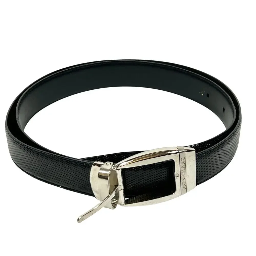 Montblanc Men Textured Black Leather Belt Silver Square Buckle 46
